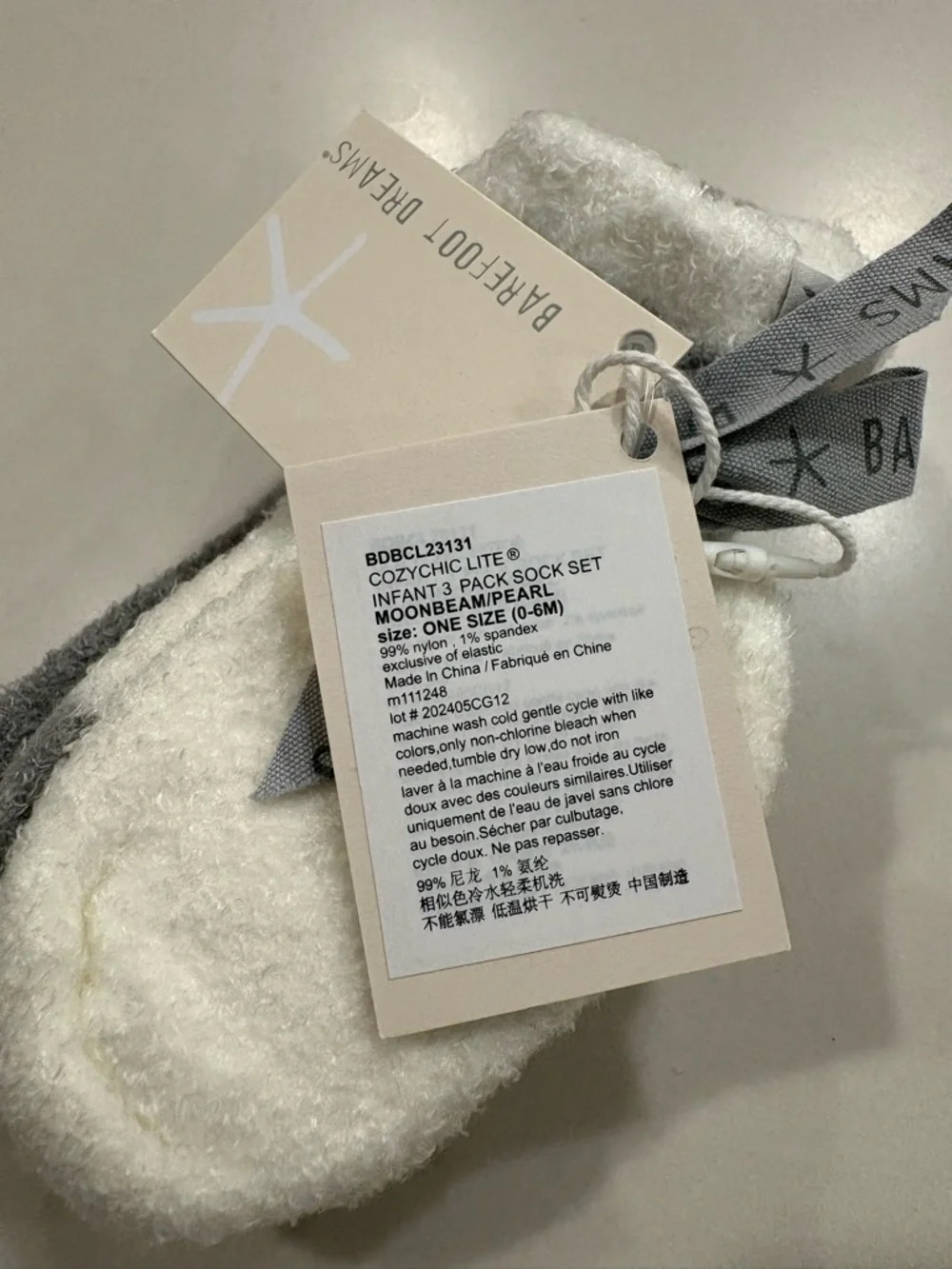 NWT Barefoot Dreams Infant 0-6M 3-Pack Cozy Chic Lite Socks - Cream and Gray